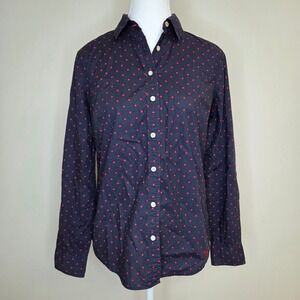 Talbots Womens Navy Blue Red Polka Dot Cotton Button Down Shirt Size 2 Dragonfly